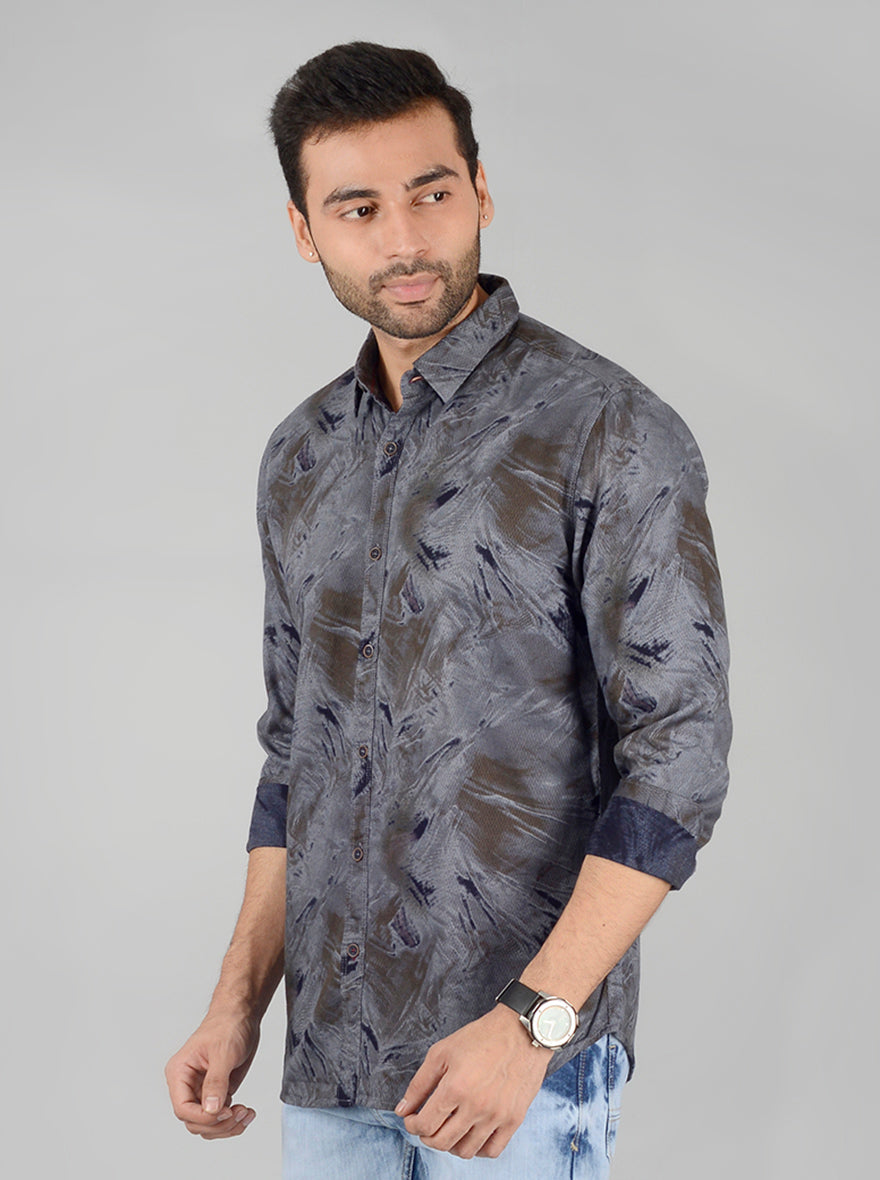 Grey Printed Slim Fit Casual Shirt | JB Sport