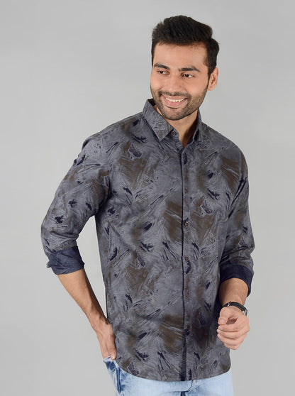 Grey Printed Slim Fit Casual Shirt | JB Sport