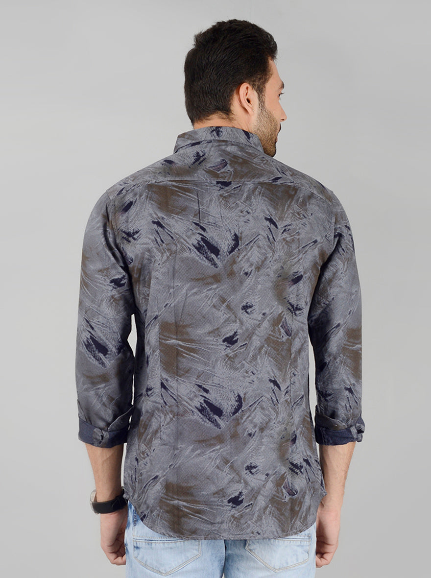 Grey Printed Slim Fit Casual Shirt | JB Sport