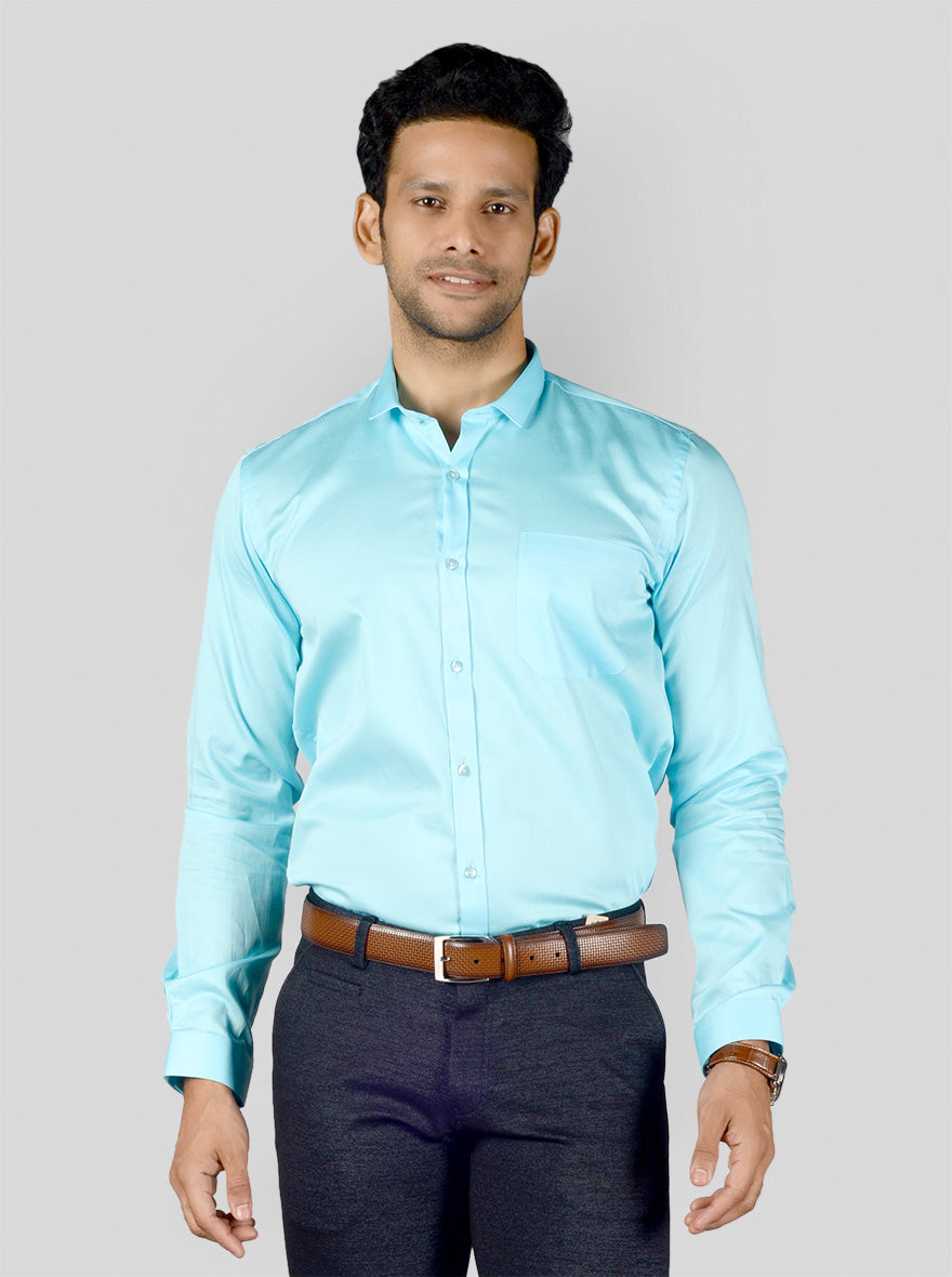 Sky Blue Solid Slim Fit Party Wear Shirt | Greenfibre