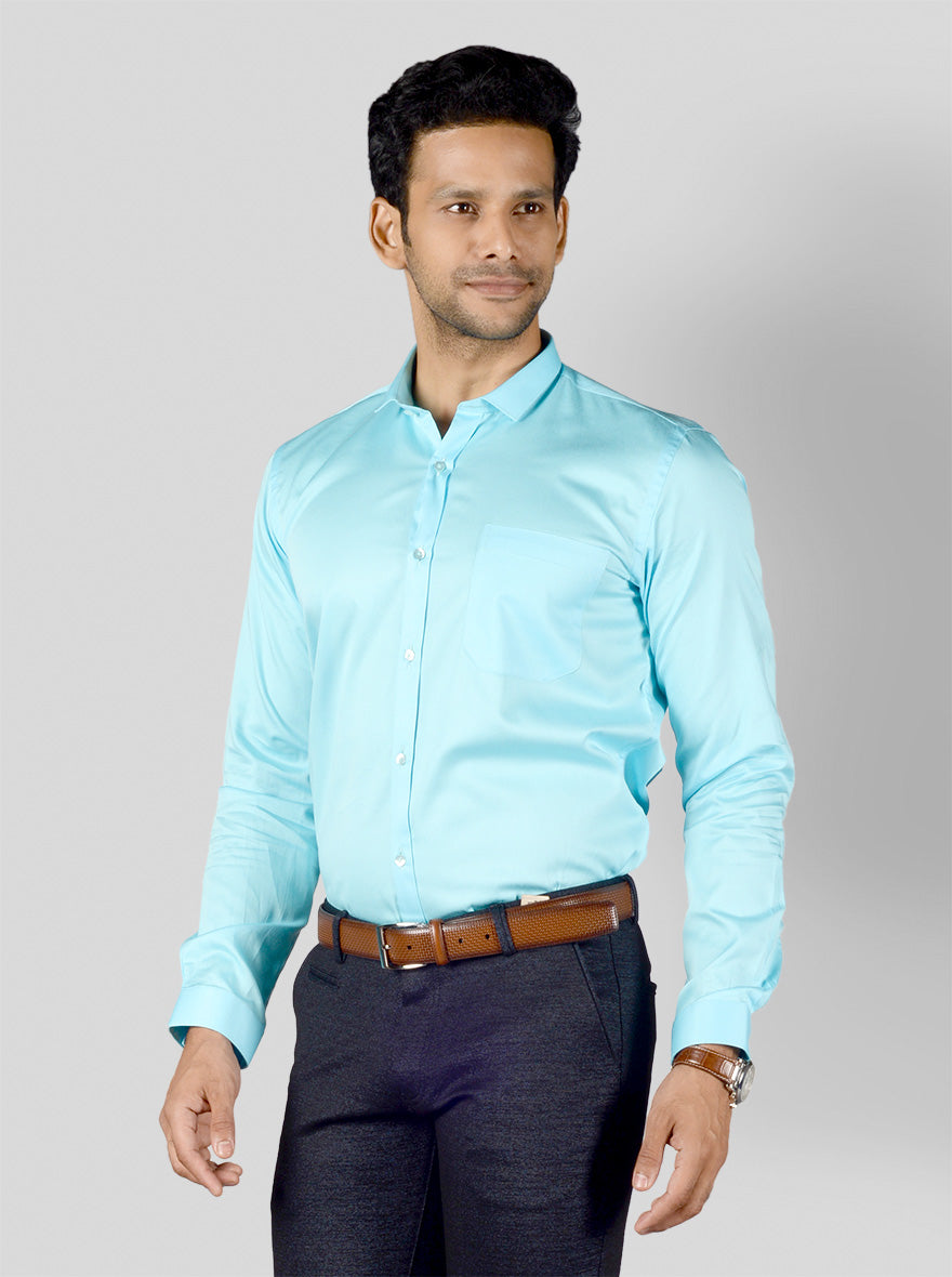 Sky Blue Solid Slim Fit Party Wear Shirt | Greenfibre