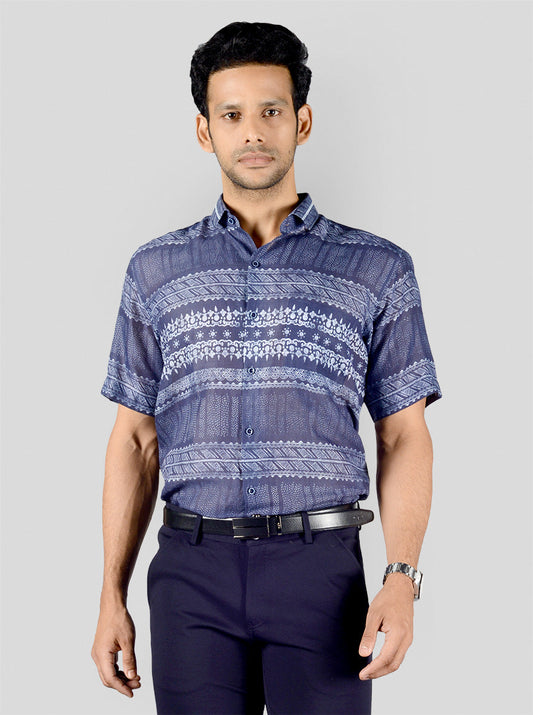 Indigo Blue Printed Regular Fit Formal Shirt | JadeBlue