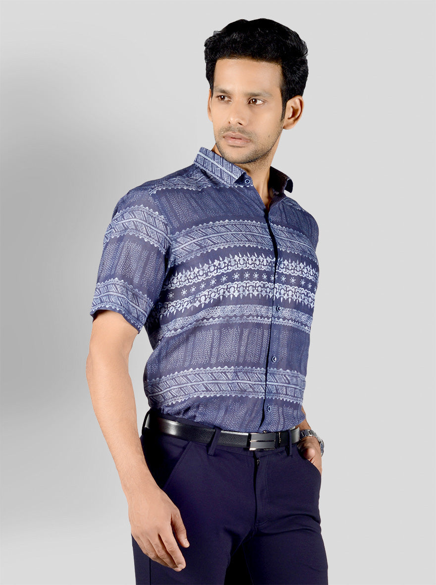 Indigo Blue Printed Regular Fit Formal Shirt | JadeBlue