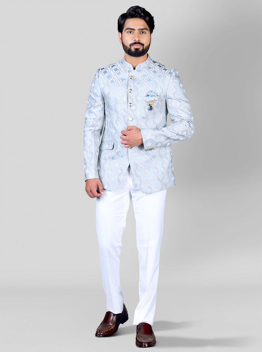 Beige & Sky Blue Jodhpuri Suit | JadeBlue