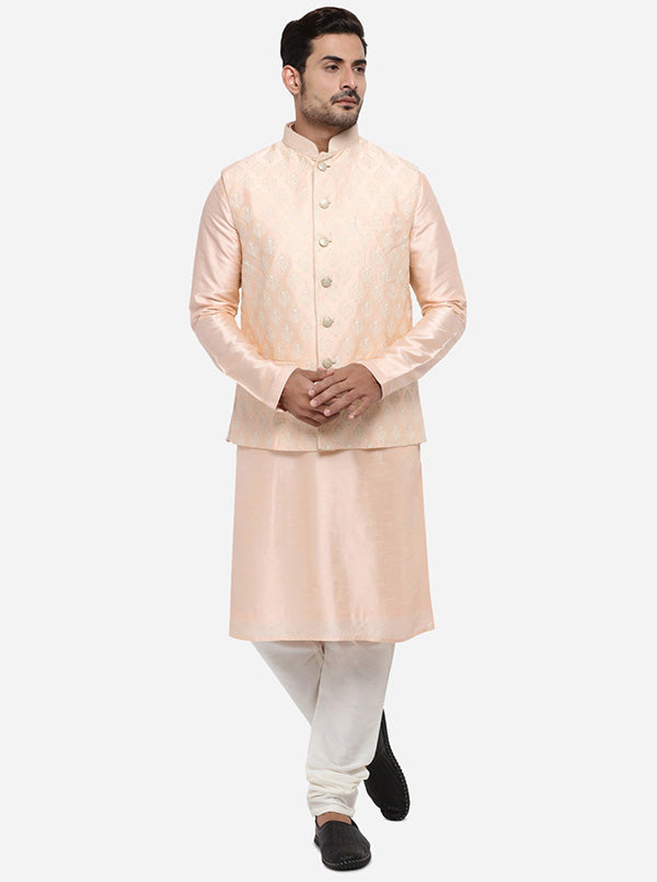 Pastel Peach Kurta Set with Pastel Peach Bandhgala Jacket | Azania