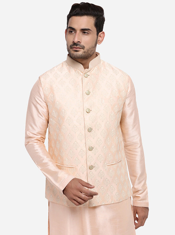 Pastel Peach Kurta Set with Pastel Peach Bandhgala Jacket | Azania