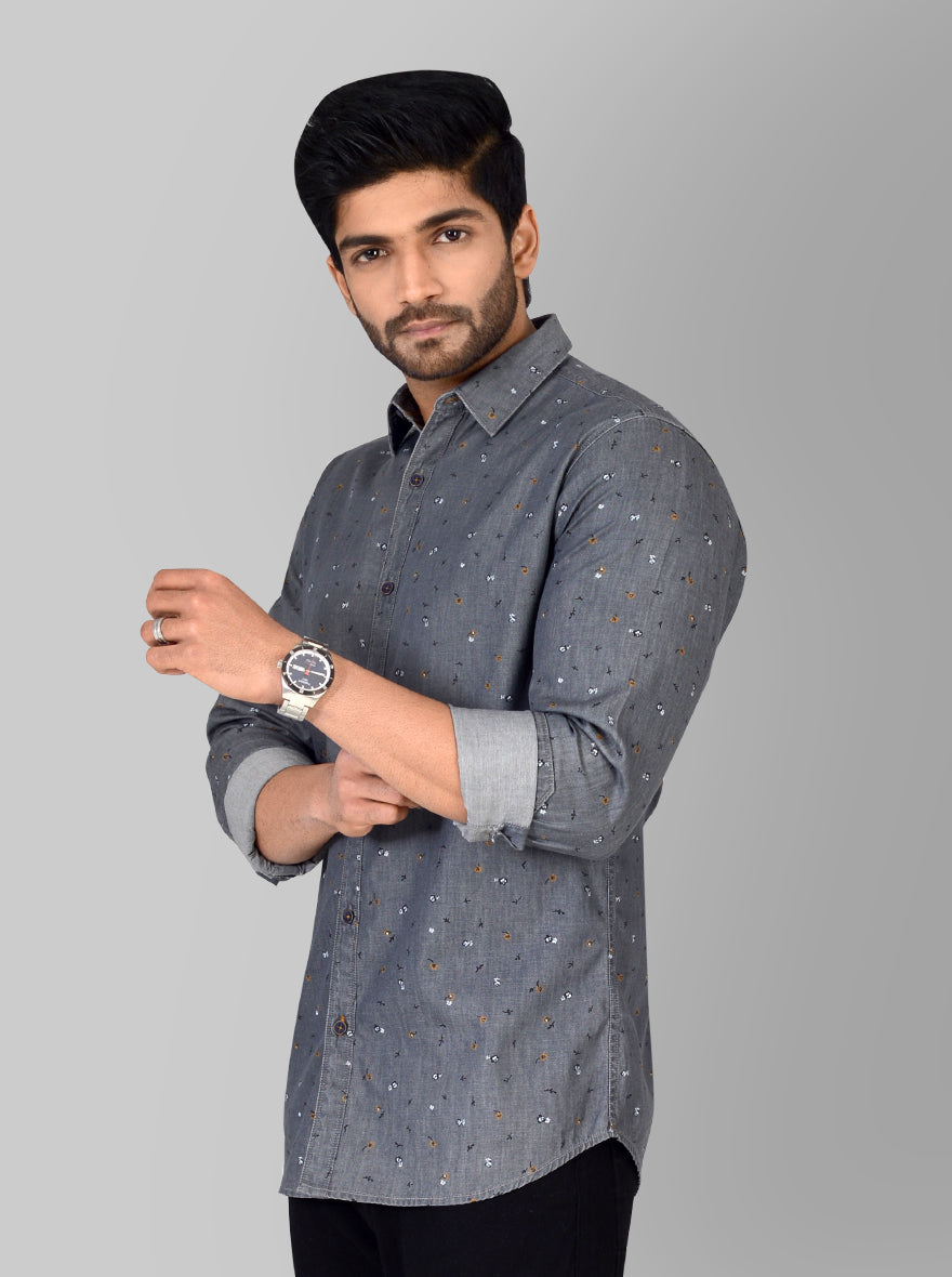 Stone Black Printed Slim Fit Casual Shirt | JB Sport