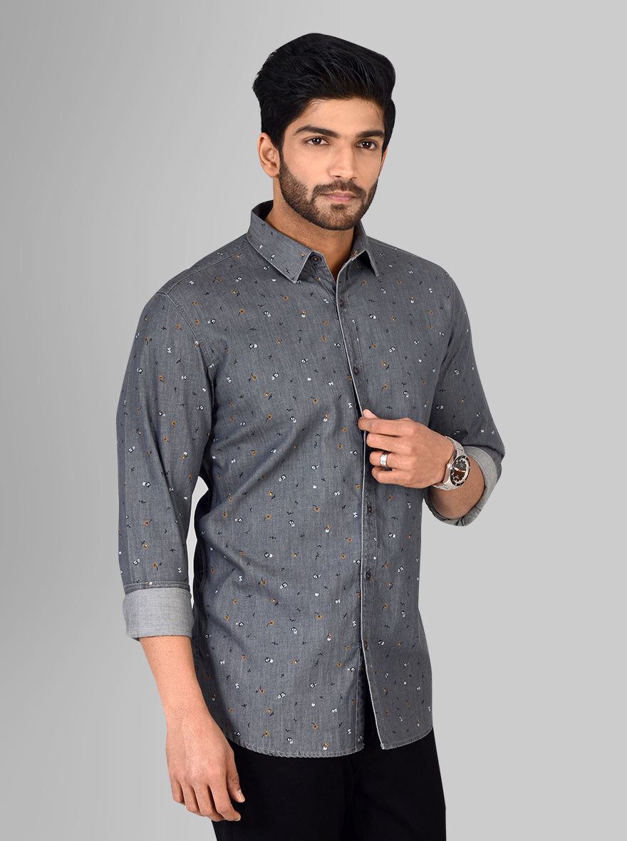 Stone Black Printed Slim Fit Casual Shirt | JB Sport