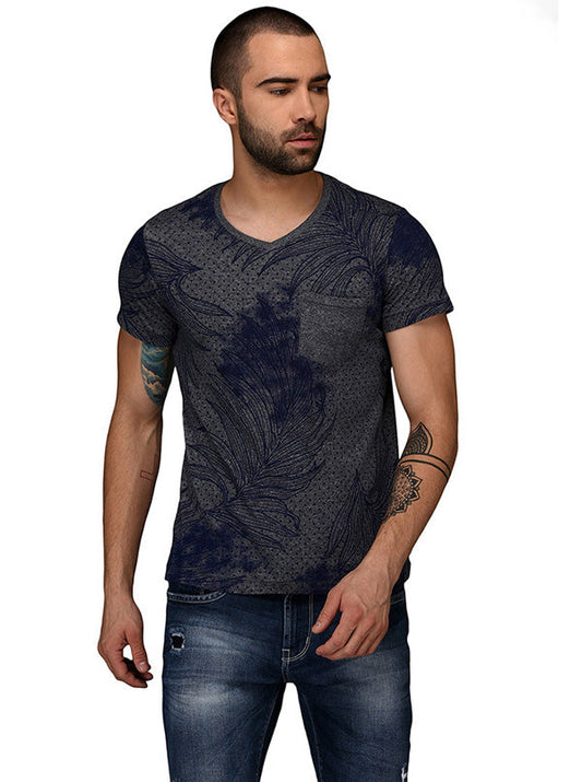 Blue & Grey Printed Slim Fit V Neck T-Shirt | JB Sport