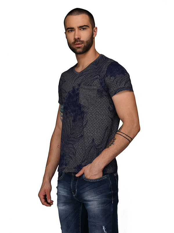 Blue & Grey Printed Slim Fit V Neck T-Shirt | JB Sport