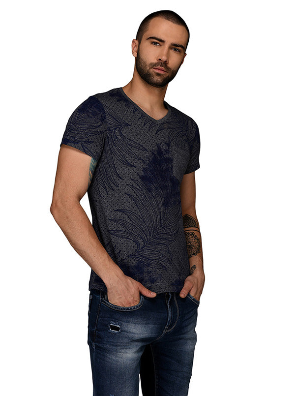 Blue & Grey Printed Slim Fit V Neck T-Shirt | JB Sport