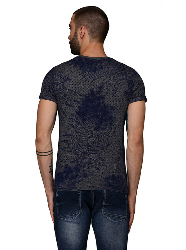 Blue & Grey Printed Slim Fit V Neck T-Shirt | JB Sport