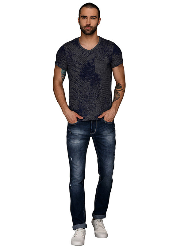 Blue & Grey Printed Slim Fit V Neck T-Shirt | JB Sport