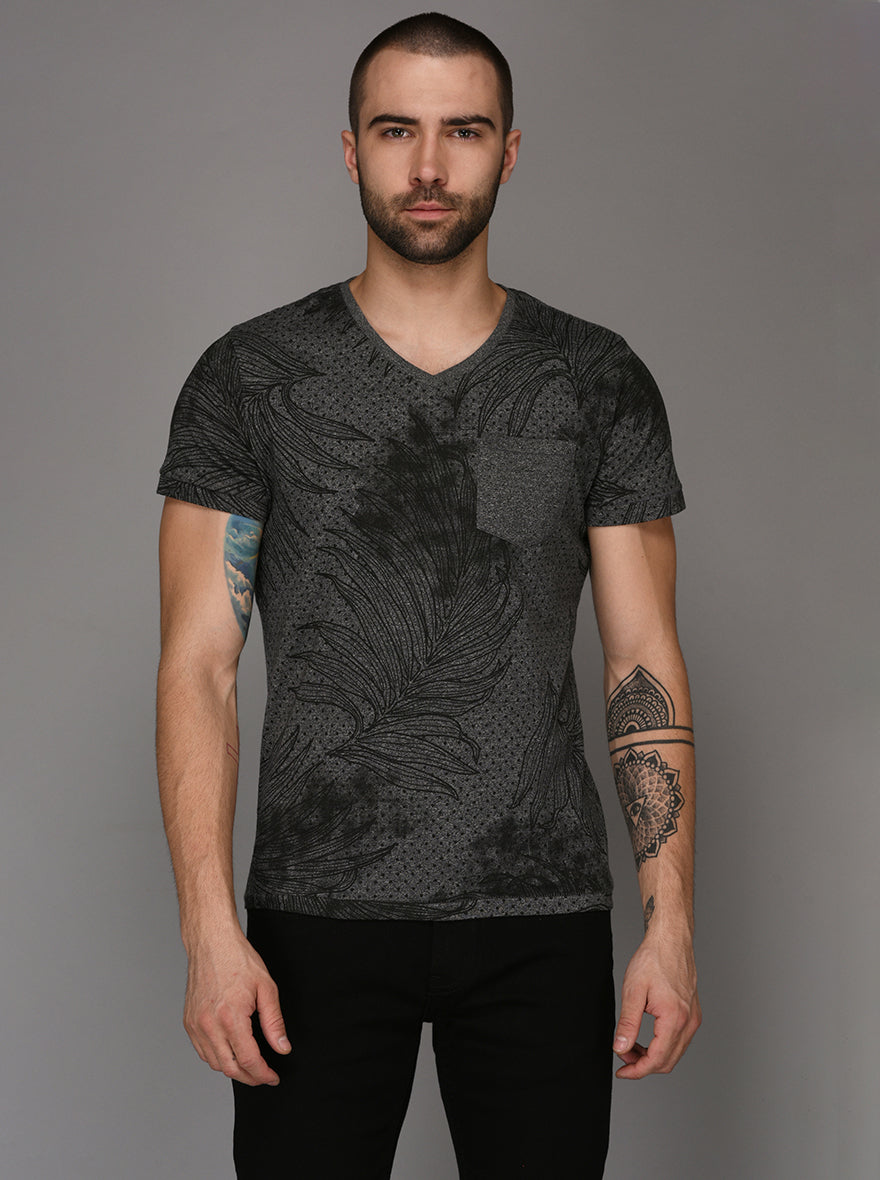 Black & Grey Printed Slim Fit V Neck T-Shirt | JB Sport