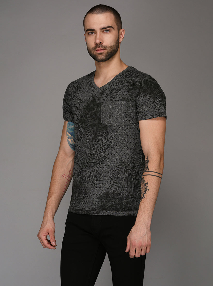 Black & Grey Printed Slim Fit V Neck T-Shirt | JB Sport