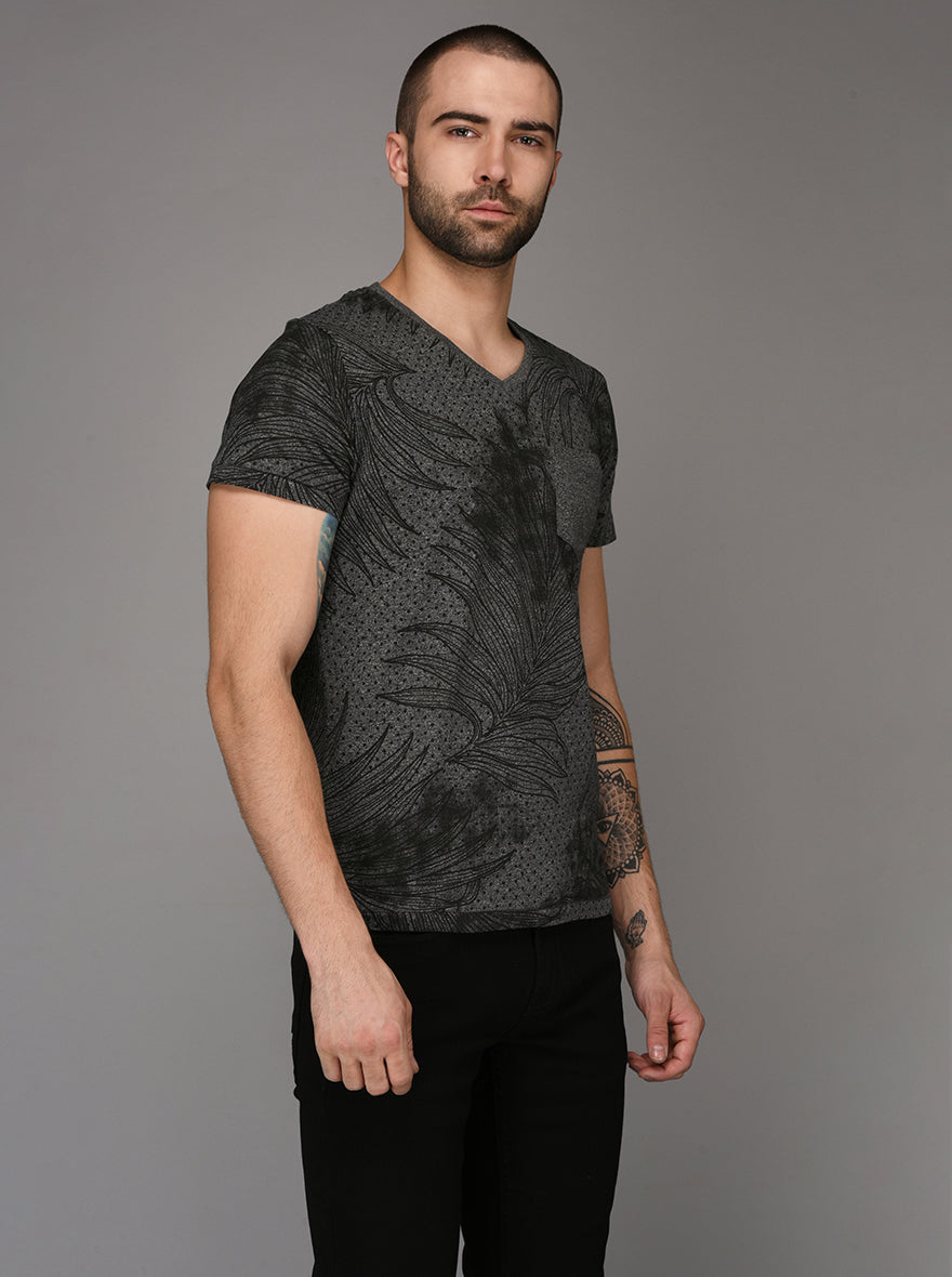 Black & Grey Printed Slim Fit V Neck T-Shirt | JB Sport