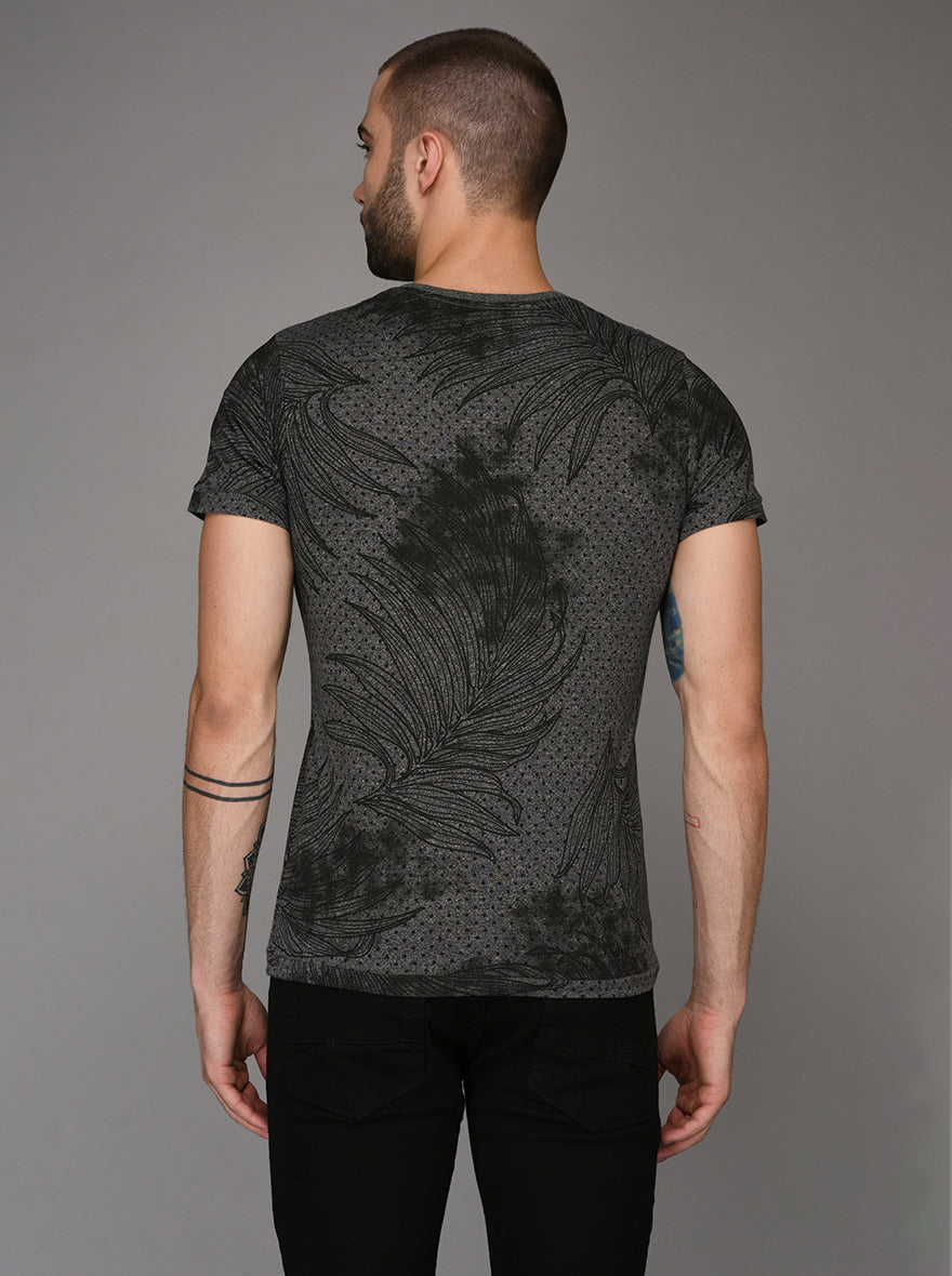 Black & Grey Printed Slim Fit V Neck T-Shirt | JB Sport