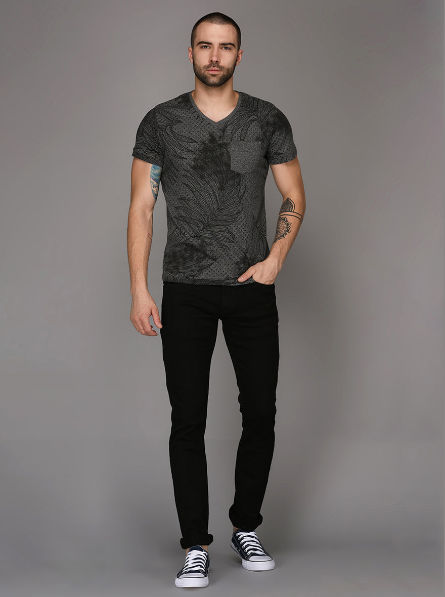 Black & Grey Printed Slim Fit V Neck T-Shirt | JB Sport