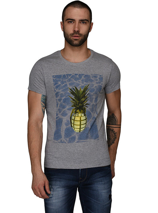 Grey Printed Slim Fit Round Neck T-Shirt | JB Sport