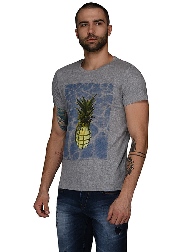 Grey Printed Slim Fit Round Neck T-Shirt | JB Sport