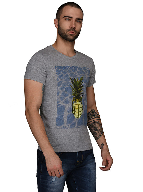 Grey Printed Slim Fit Round Neck T-Shirt | JB Sport