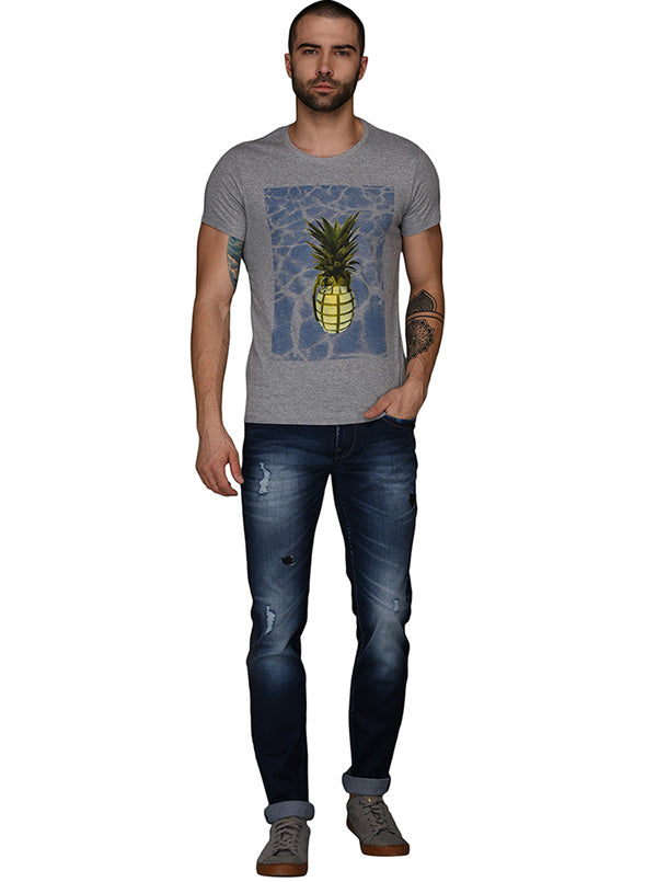 Grey Printed Slim Fit Round Neck T-Shirt | JB Sport