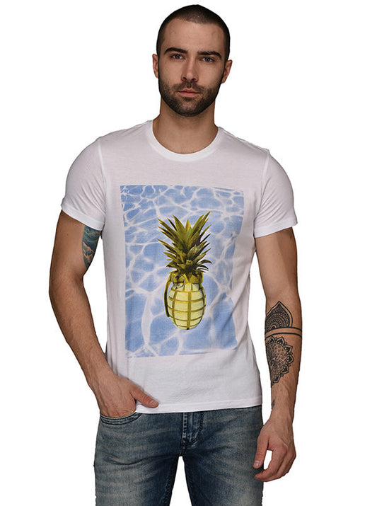 White Printed Slim Fit Round Neck T-Shirt | JB Sport