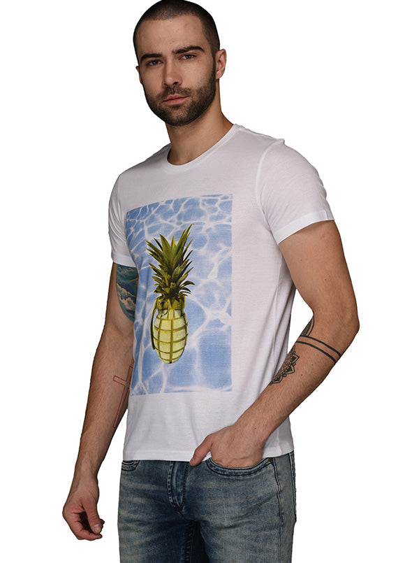 White Printed Slim Fit Round Neck T-Shirt | JB Sport