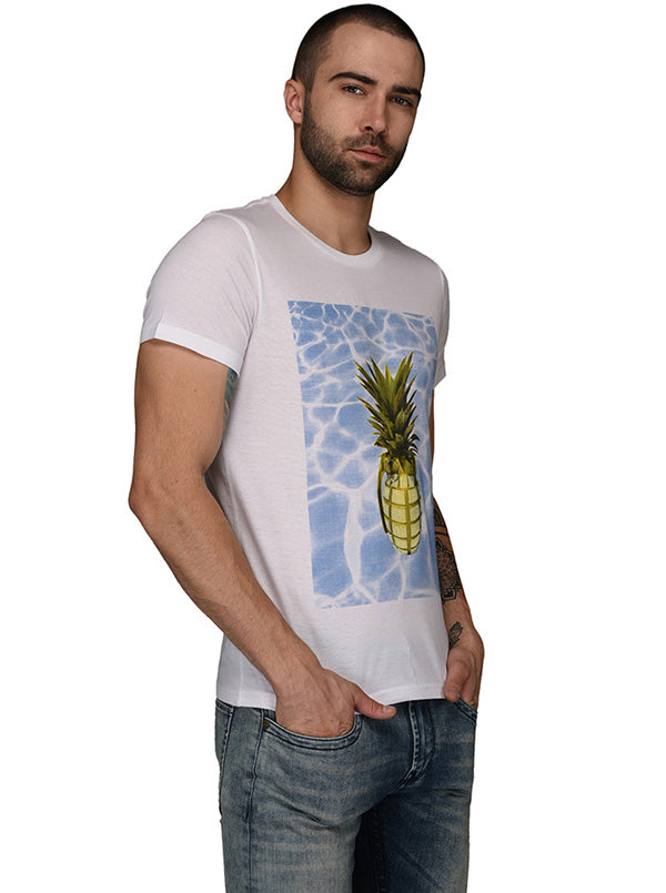 White Printed Slim Fit Round Neck T-Shirt | JB Sport