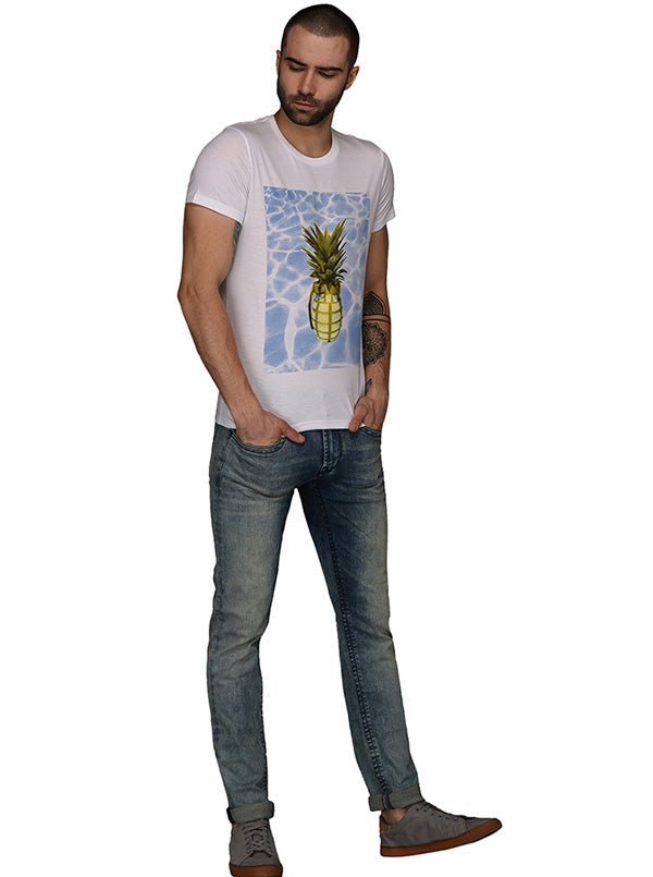 White Printed Slim Fit Round Neck T-Shirt | JB Sport