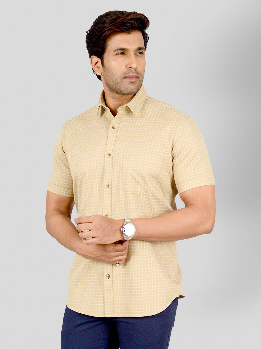 Sand Brown Printed Smart Fit Casual Shirt | Greenfibre