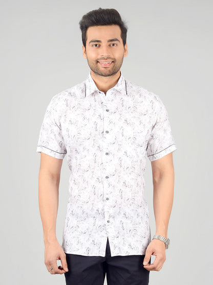 White & Grey Printed Slim Fit Party Wear Shirt | JB Studio