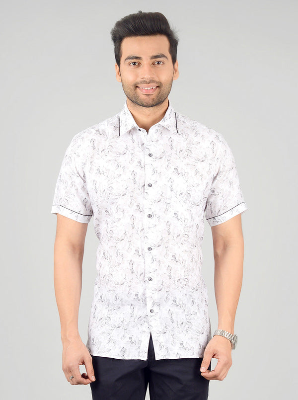 White & Grey Printed Slim Fit Party Wear Shirt | JB Studio