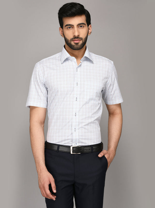 JadeBlue White & Blue Checked Regular Fit Formal Shirt