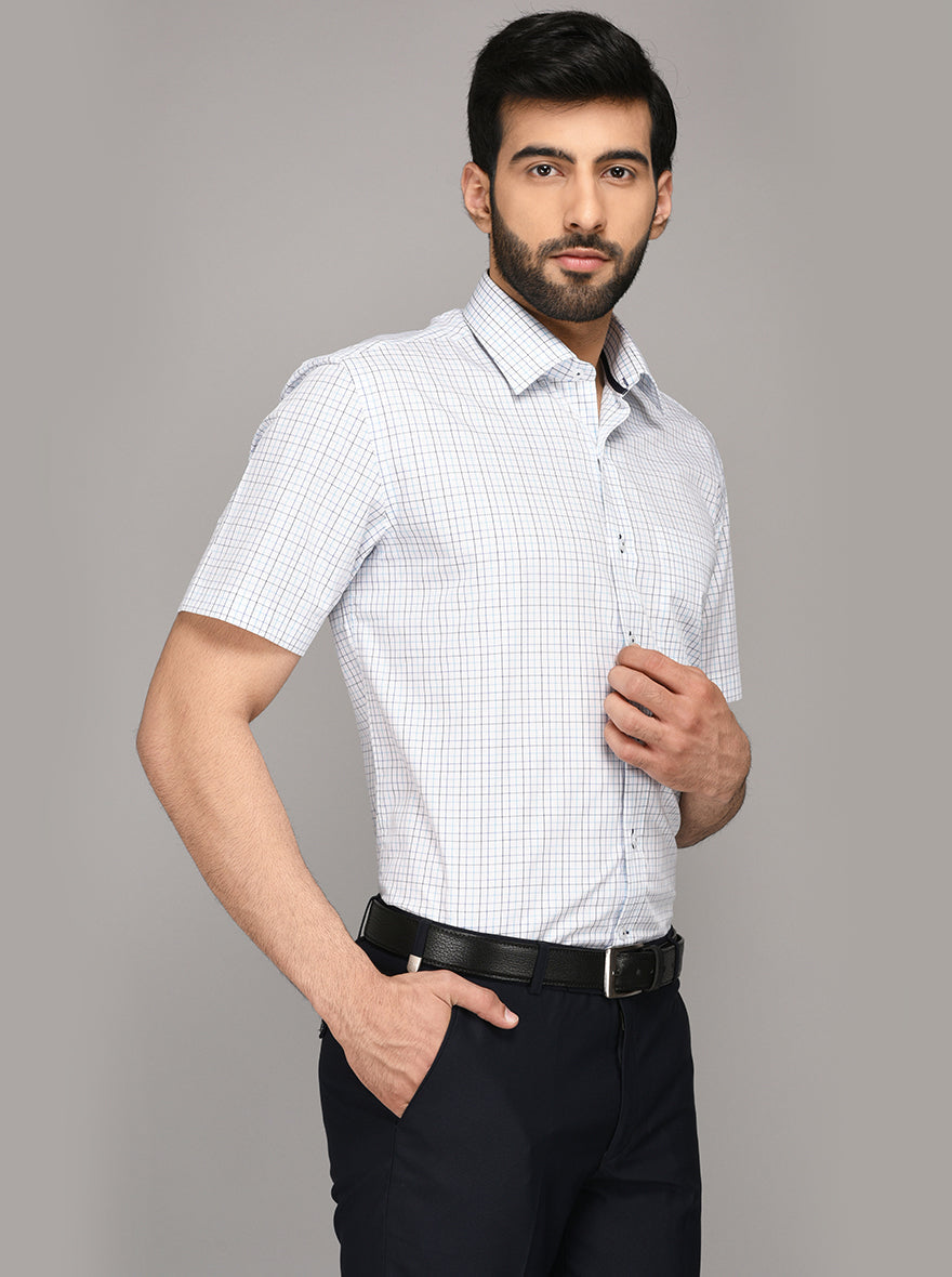 JadeBlue White & Blue Checked Regular Fit Formal Shirt