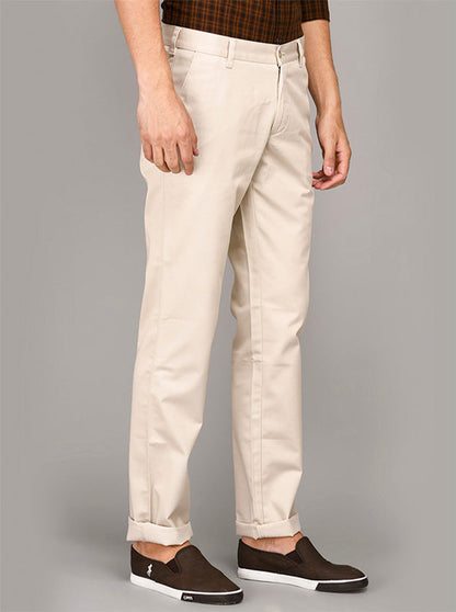 Greenfibre Beige Self Textured Slim Fit Casual Trouser