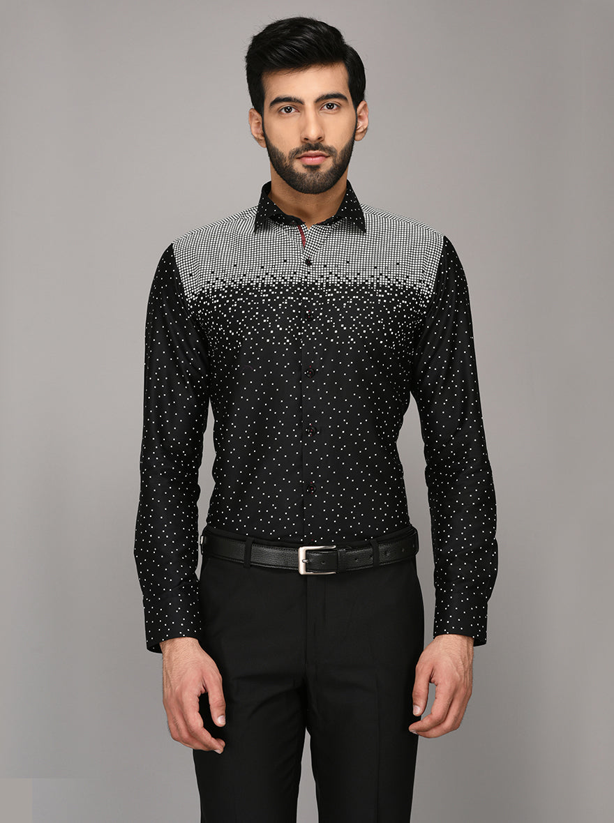 JB Studio Black & White Printed Slim Fit Party Wear Shirt