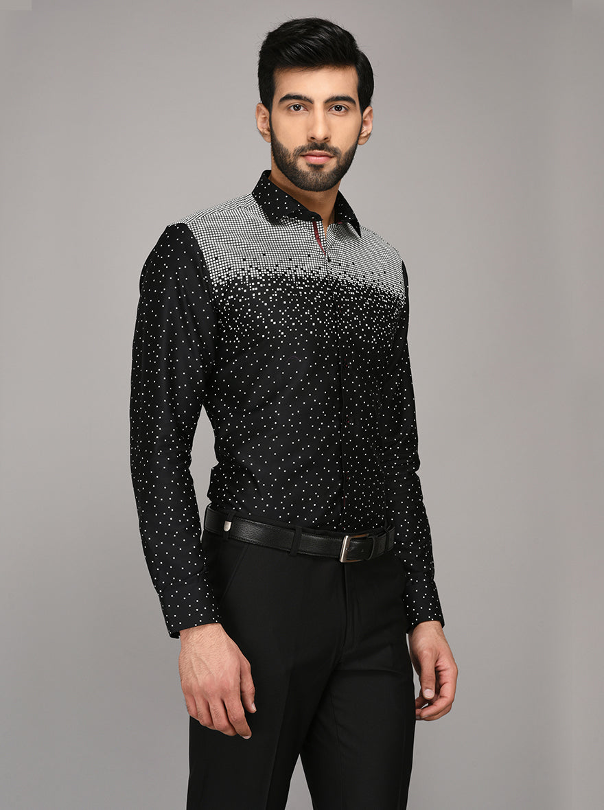 JB Studio Black & White Printed Slim Fit Party Wear Shirt