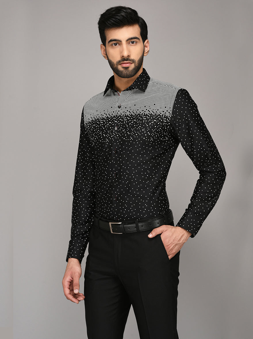 JB Studio Black & White Printed Slim Fit Party Wear Shirt