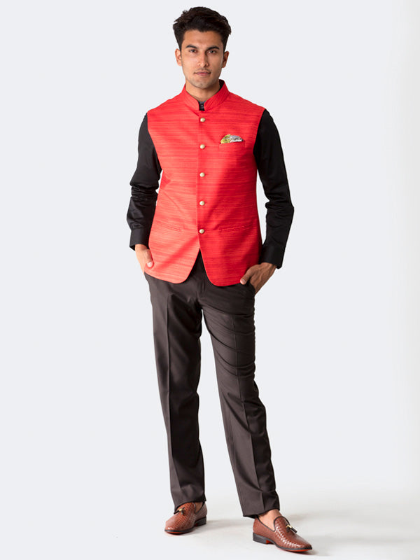 Red Self Textured Waistcoat