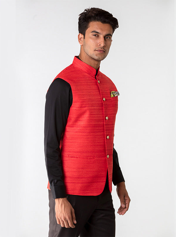 Red Self Textured Waistcoat