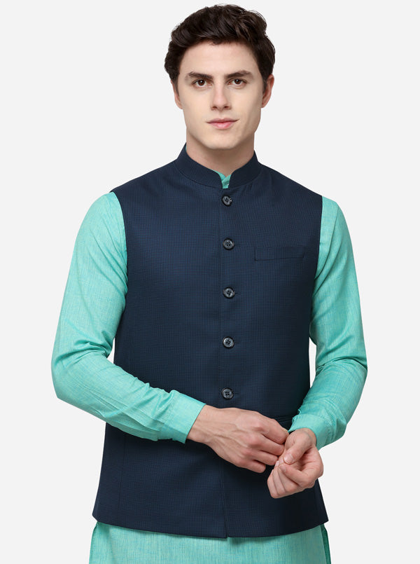Dark Blue Regular Fit Checked Modi Jacket | JadeBlue