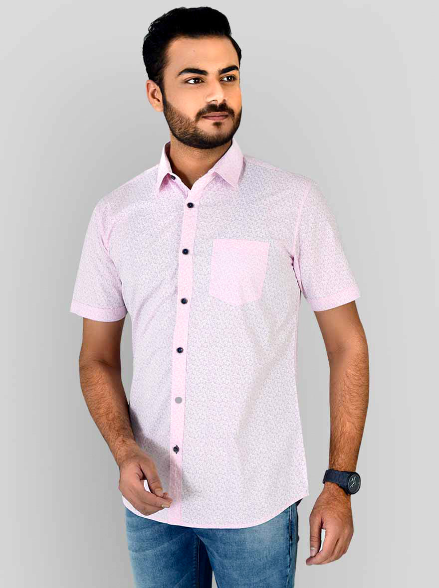 Powder Pink Printed Slim Fit Casual Shirt | JB Sport