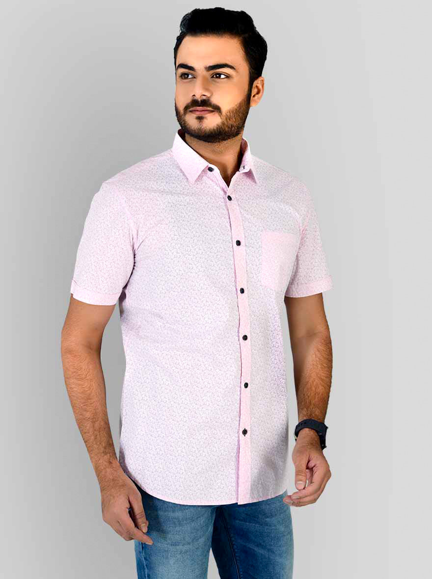 Powder Pink Printed Slim Fit Casual Shirt | JB Sport