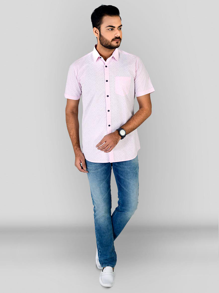 Powder Pink Printed Slim Fit Casual Shirt | JB Sport