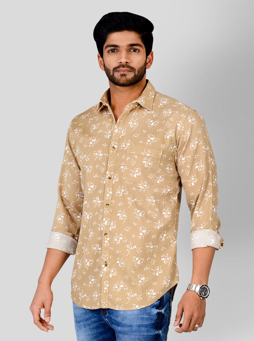 Sand Brown Printed Slim Fit Casual Shirt | Greenfibre