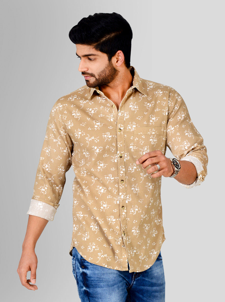 Sand Brown Printed Slim Fit Casual Shirt | Greenfibre