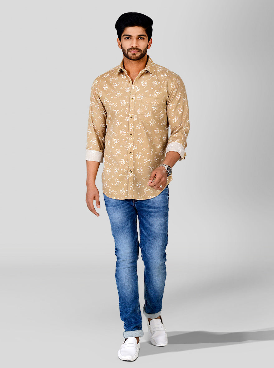 Sand Brown Printed Slim Fit Casual Shirt | Greenfibre