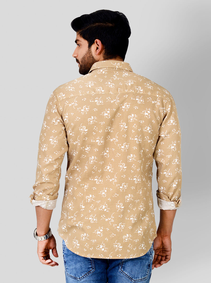 Sand Brown Printed Slim Fit Casual Shirt | Greenfibre