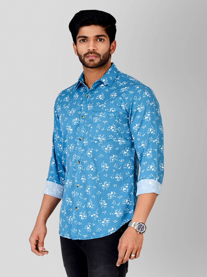 Summer Blue Printed Slim Fit Casual Shirt | Greenfibre